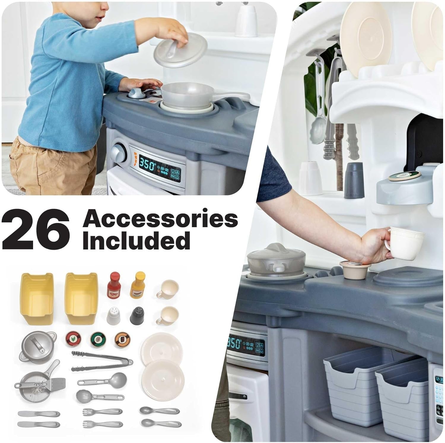 Kids Play Kitchen w/ Accessories Modern Gray Pretend Toy Set