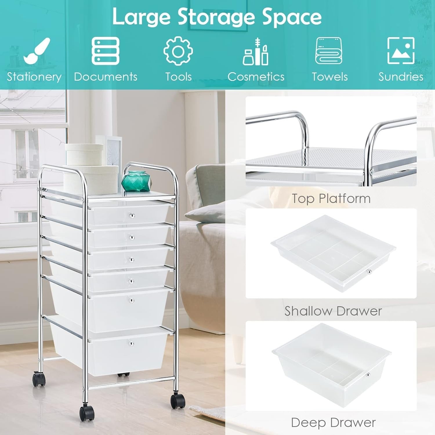 Clear 6 Drawer Rolling Storage Cart Mobile Utility Organizer with Wheels