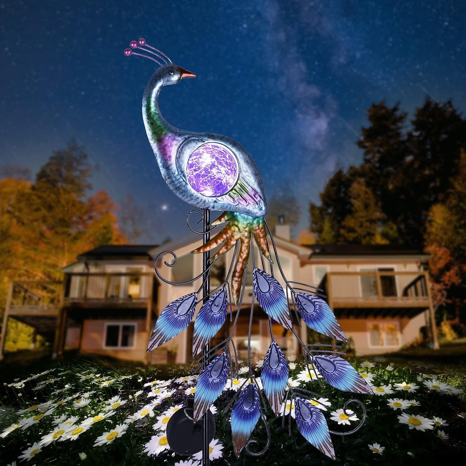 Solar Peacock Garden Ornament 61cm | Metal Crackle Glass Light Outdoor Yard