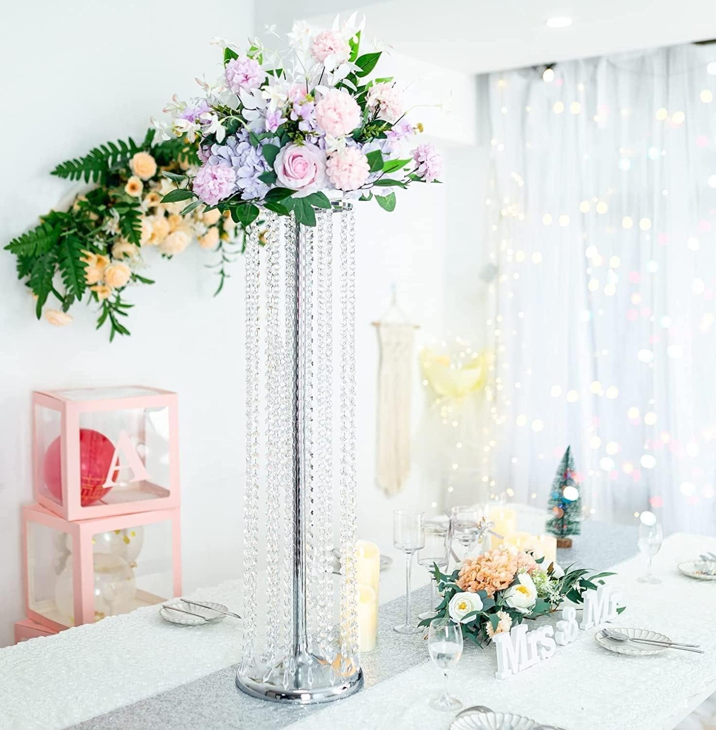 Silver Crystal Wedding Flower Stand Pair 90cm Tall Event Table Centrepiece