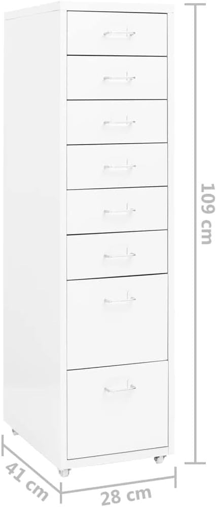 White Mobile Filing Cabinet 8 Drawer 109cm Rolling Metal Storage