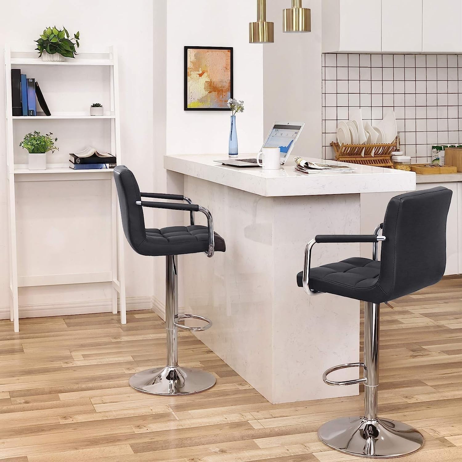 Black Faux Leather Adjustable Swivel Bar Stool with Armrest