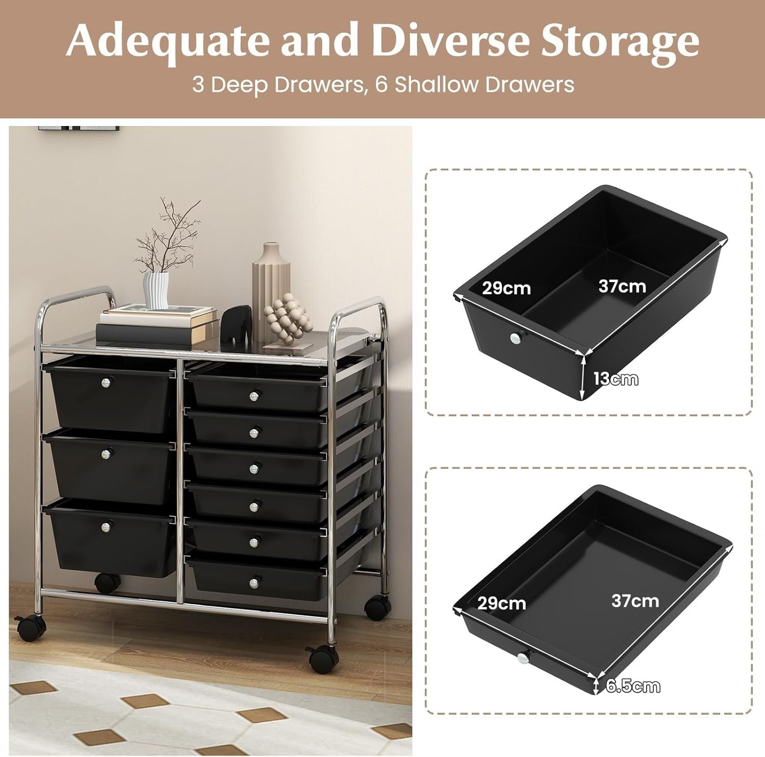 9 Drawer Rolling Storage Organizer Cart Utility Trolley Black