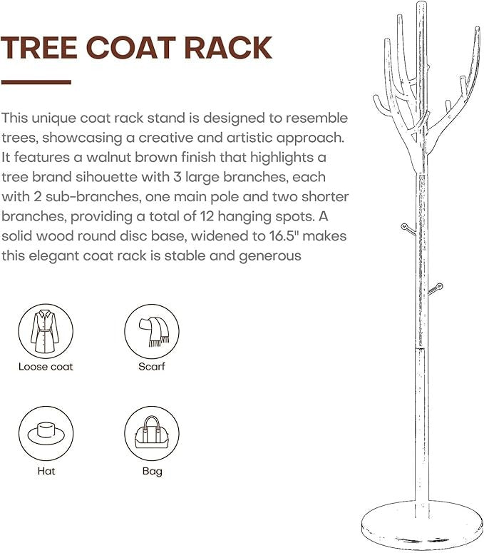 183cm Solid Wood Coat Rack Tree Stand with 12 Hooks Round Base for Hallway