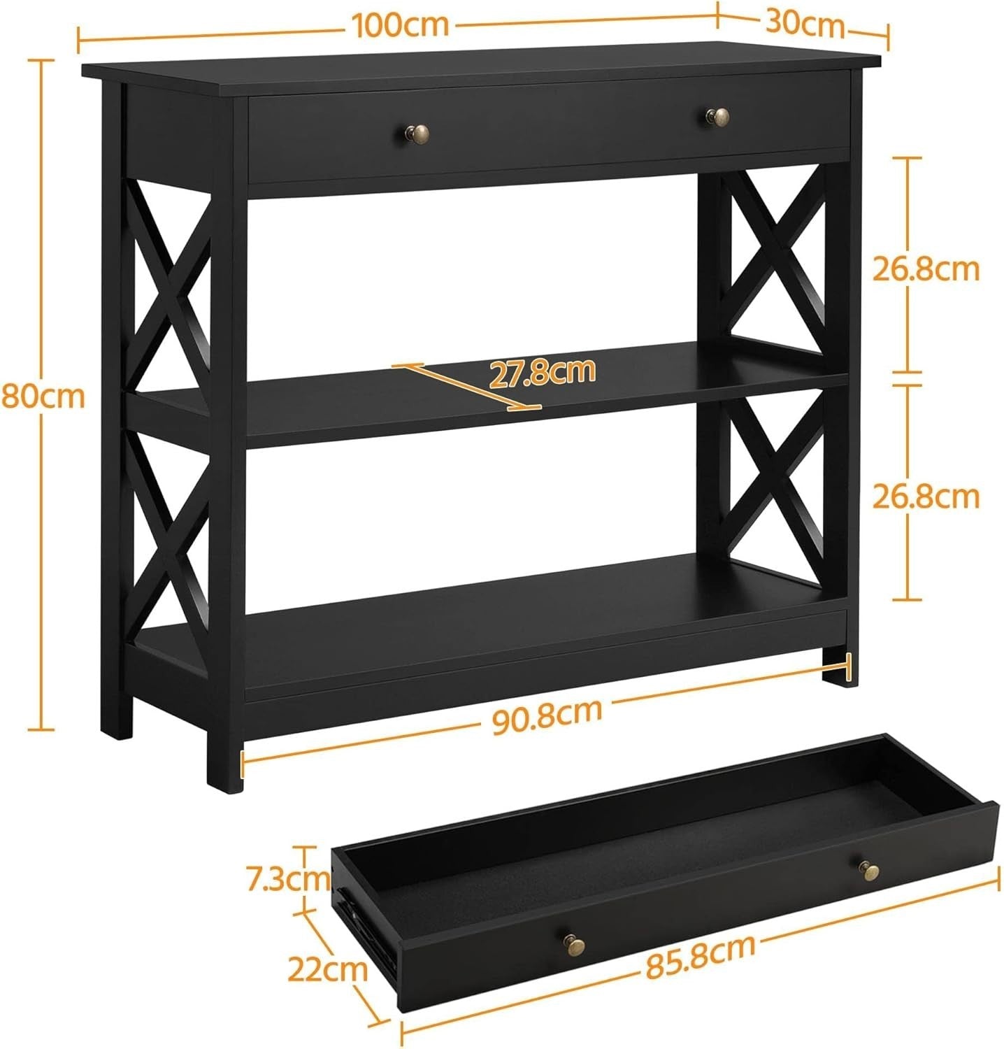 3 Tier Console Table with Drawer & Storage – Black Entryway Shelf Unit