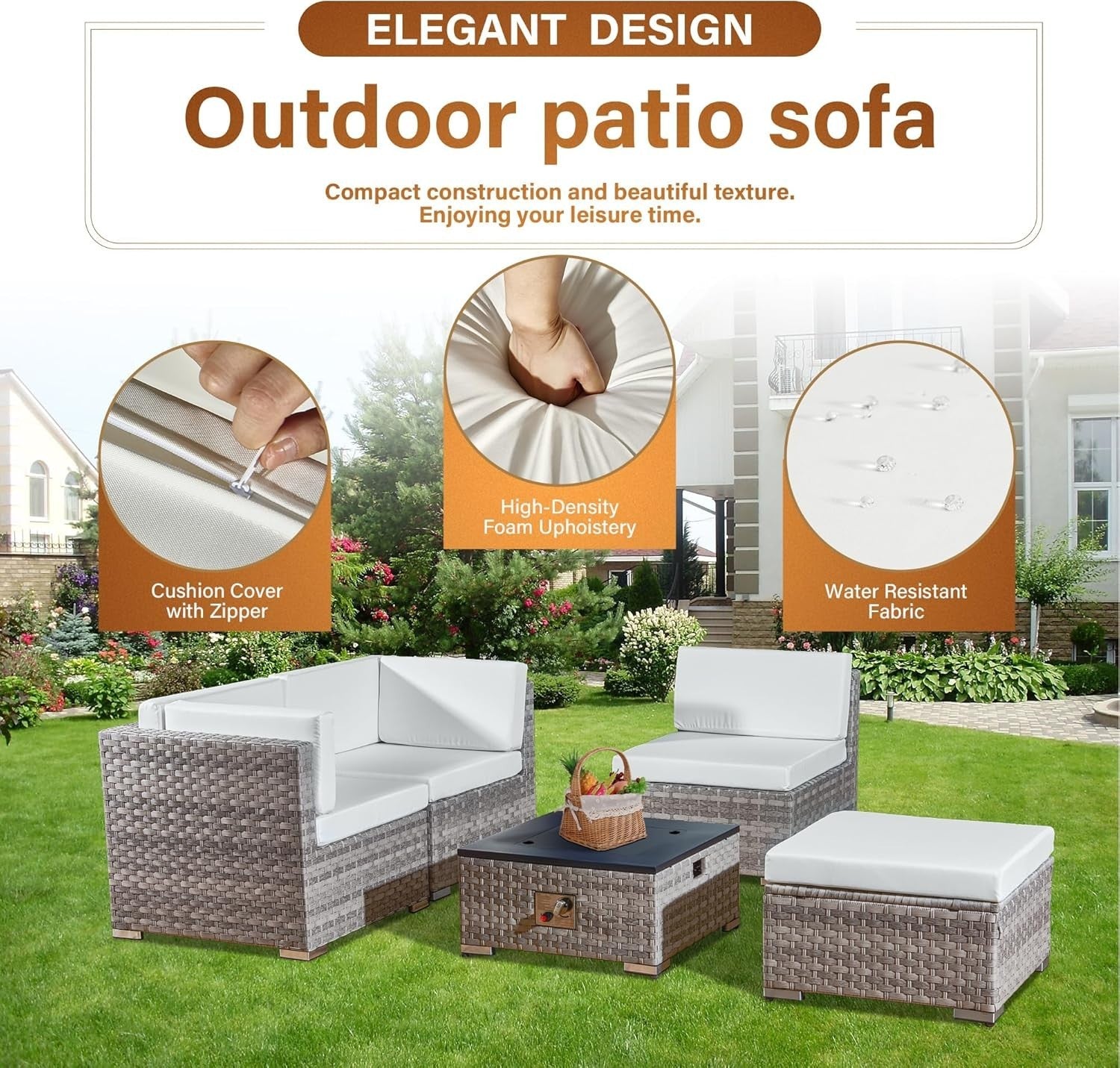 4-Piece Outdoor Rattan Sofa Set with Fire Pit Table Patio Garden Furniture Grey