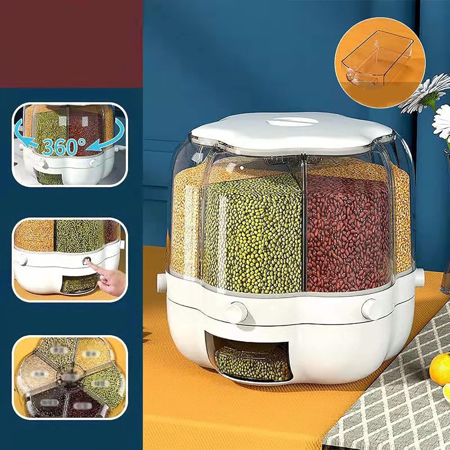 6 Grid Rotating Rice Dispenser Airtight Grain Storage Box