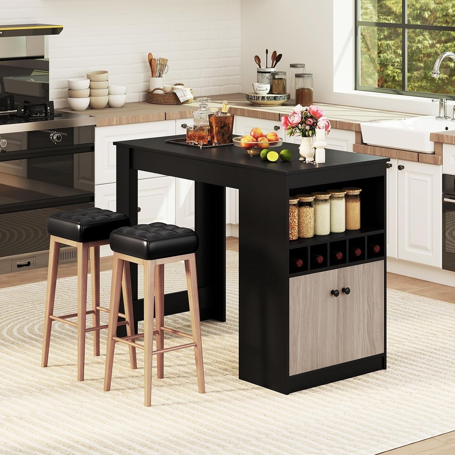 Black Bar Table with Wine Rack & Storage Cabinet, Modern Counter Unit 120CM