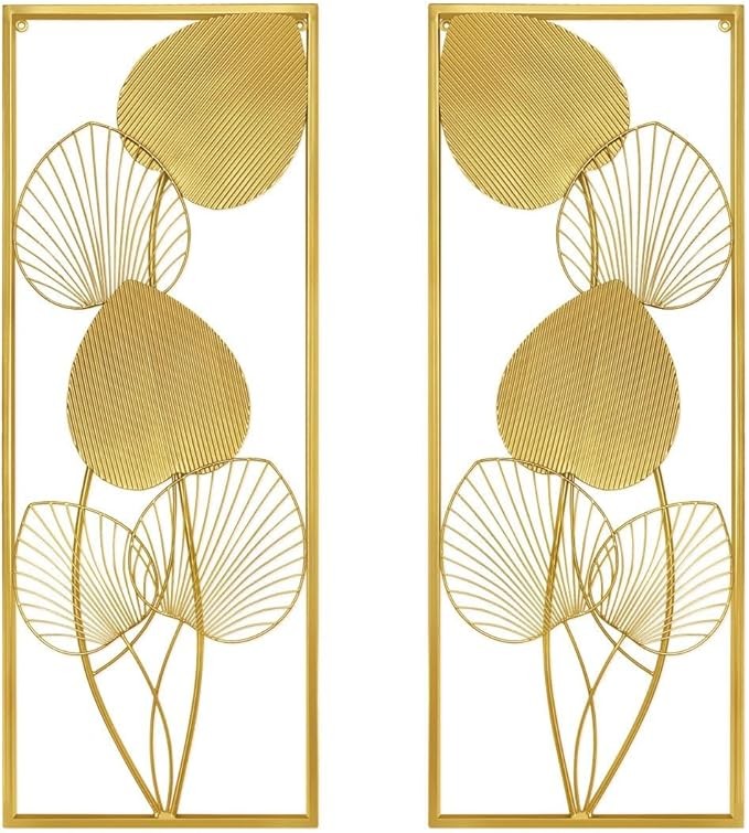 2 Pieces Metallic Leaves Wall Decor 32" X 12" Golden Wall Art Modern Sculptures