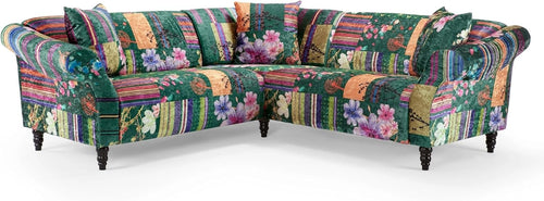 Vibrant Patchwork 5-Seater Corner Sofa with Crushed Velvet & Solid Wood Frame