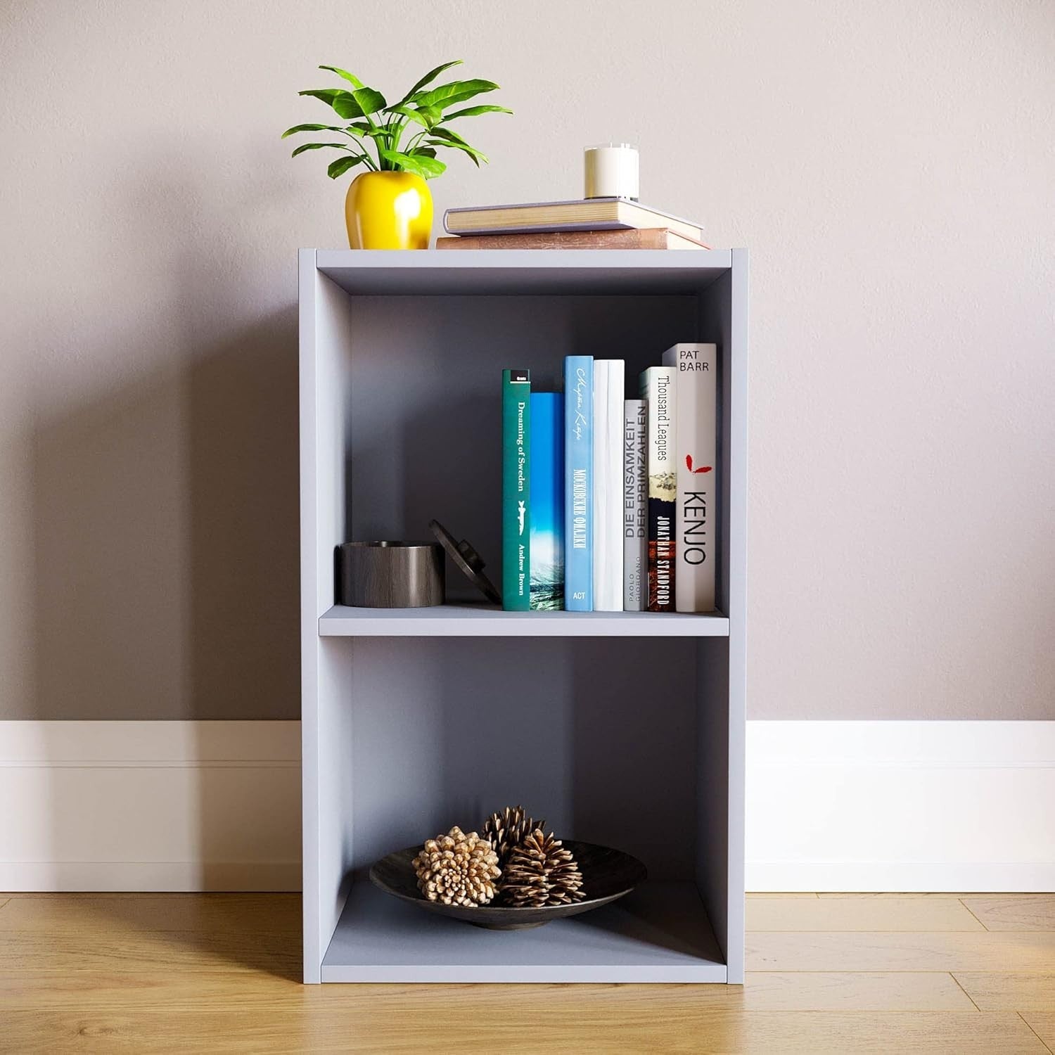 2 Tier Grey Wooden Cube Bookcase Small Storage Shelf for Living Room Office