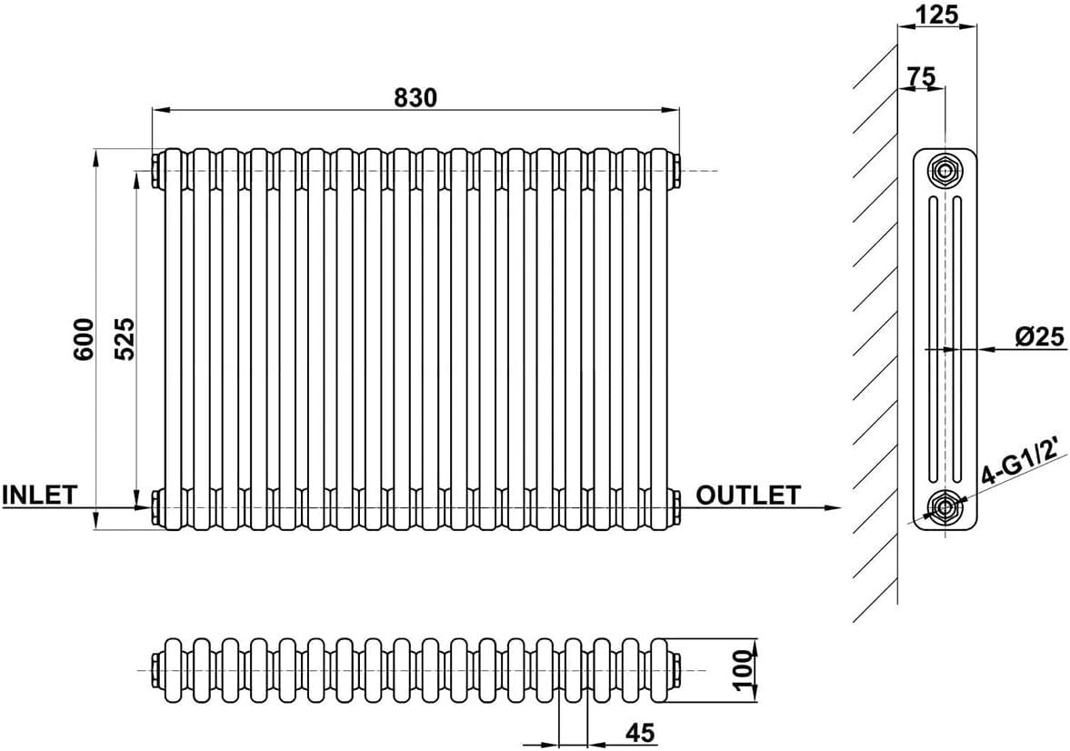 600x830mm Anthracite 3 Column Cast Iron Radiator Central Heating