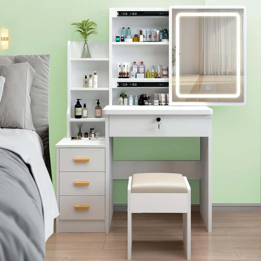 White Dressing Table Vanity Set w/ LED Light Mirror Storage Drawers Modern