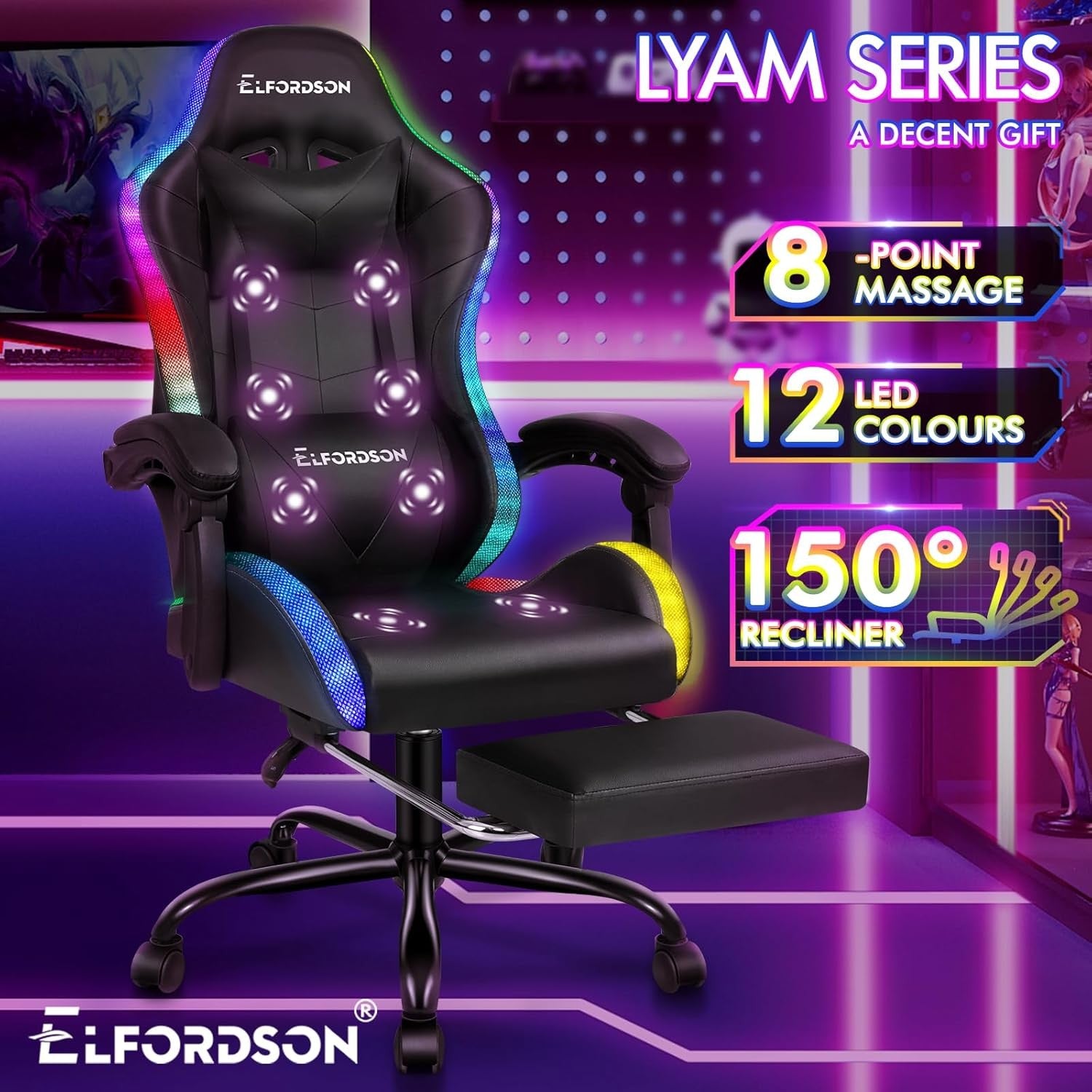 LED Gaming Chair Massage RGB Recliner with Footrest PU Leather