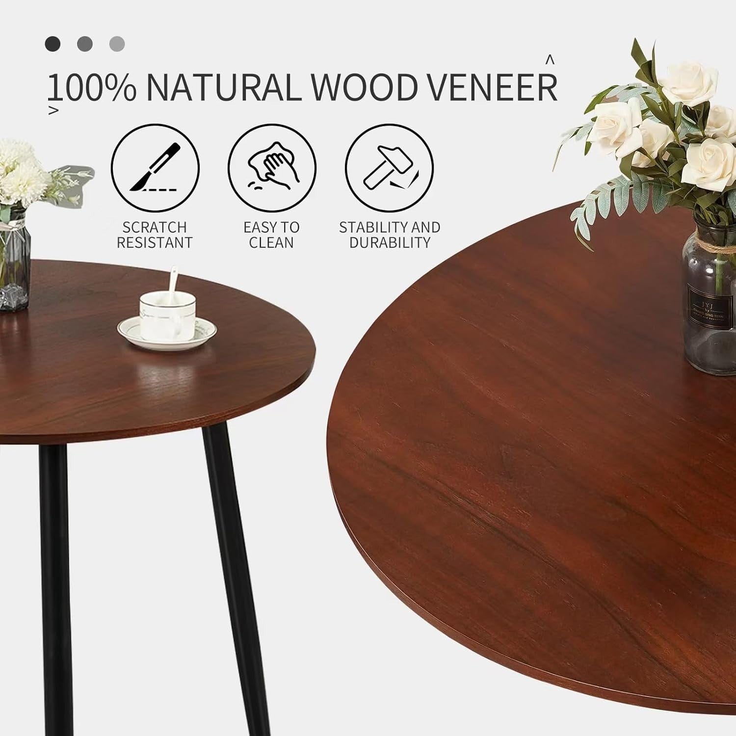Grey Round Dining Table Set w/ 4 Chairs – Walnut Effect Space-Saving 5-Piece Set