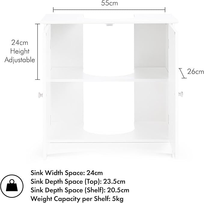 White Under Sink Bathroom Cabinet 60cm Vanity Unit with Shelves Shaker Doors