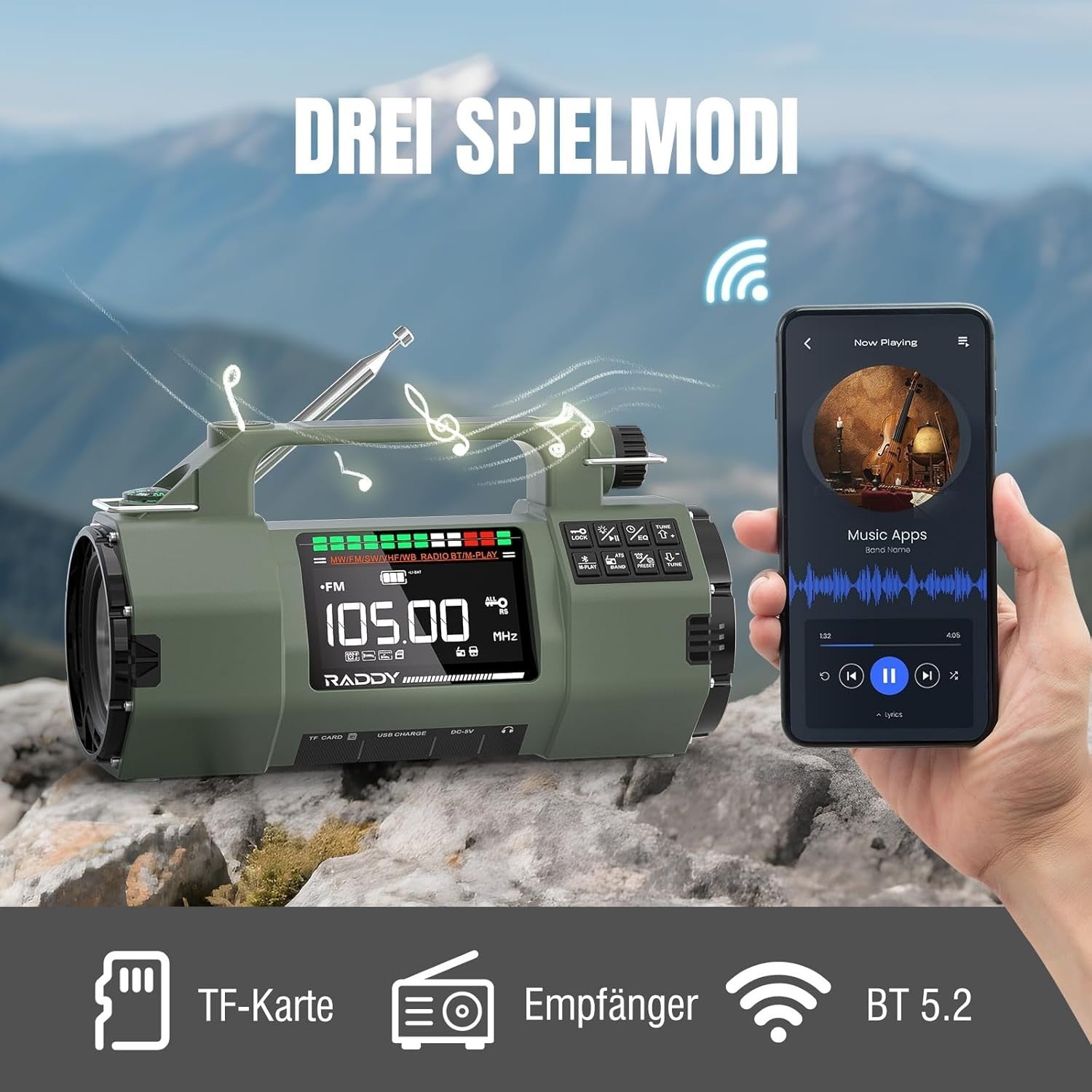 Emergency Radio with APP Control, Hand Crank, Solar, AM/FM/SW/VHF