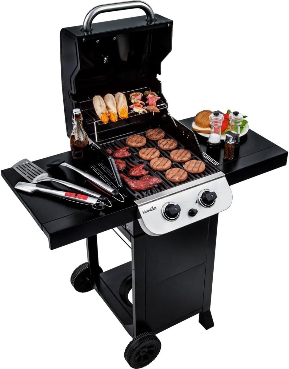 2-Burner Gas BBQ Grill with Cast Iron Grates & Side Shelves Outdoor Patio