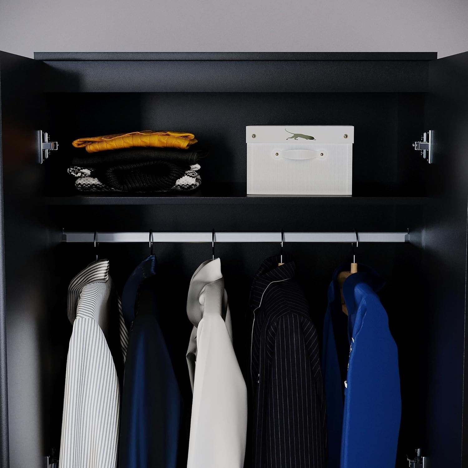 Black 2 Door Wardrobe With Shelf & Rail, Modern Bedroom Storage Unit
