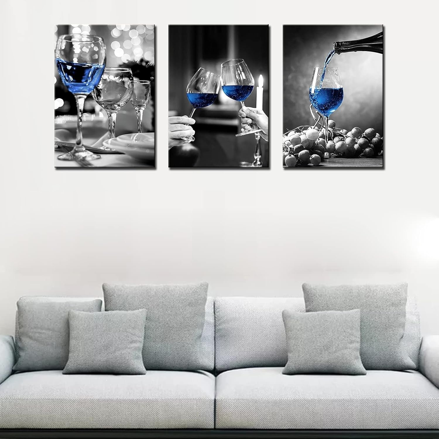 Blue Wine Glass Canvas Wall Art Set of 3 Framed 42x20 Inch