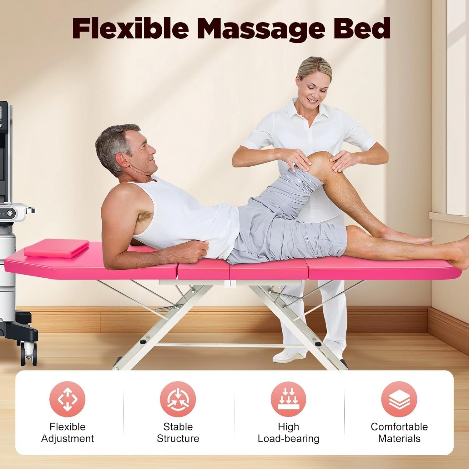 Foldable 3-Section Portable Massage Table Beauty Spa Bed Pink 60cm Width