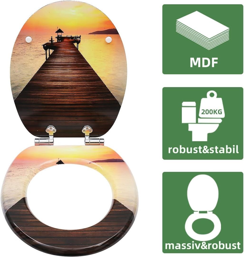 Wooden Soft Close Toilet Seat MDF Durable O Shape 43.5x37.5cm Various Patterns