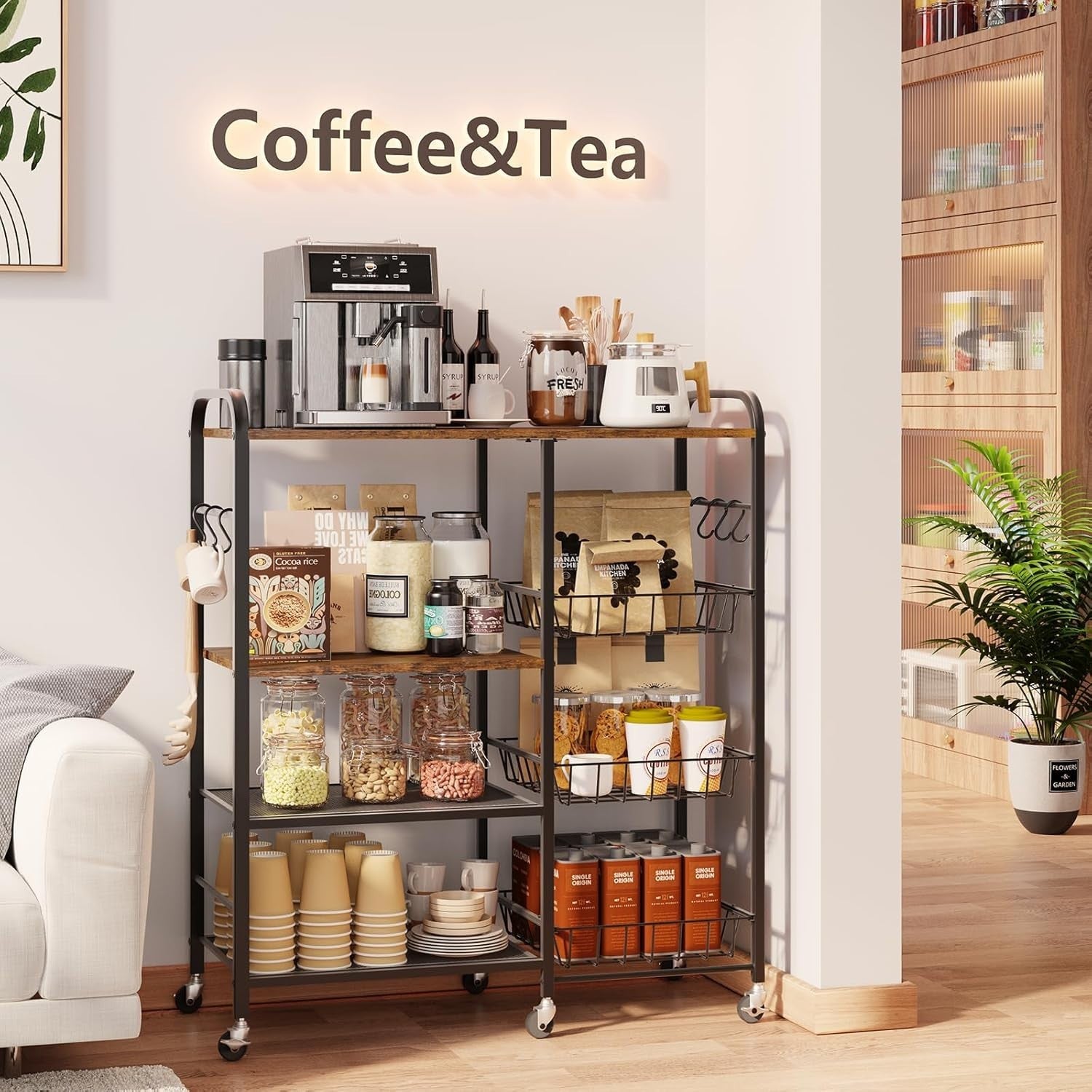 4 Tier Kitchen Trolley on Wheels w/ Pull Out Baskets