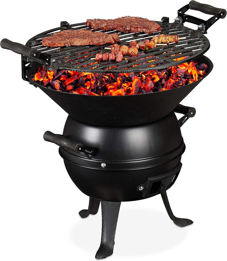 Cast Iron Charcoal BBQ Grill – Adjustable Height Portable Outdoor Barbecue