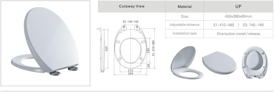 Soft Close White Toilet Seat Oval Quick Release UF Top Fix Adjustable 430-470mm