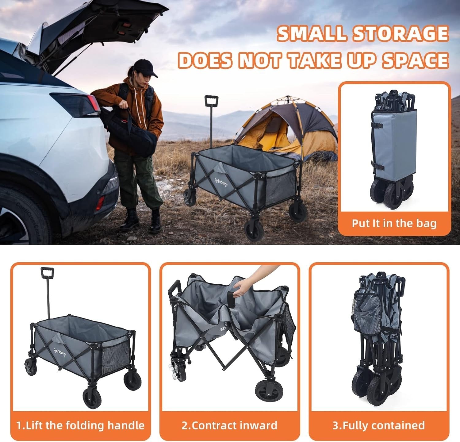 Grey Folding Camping Wagon 120kg Trolley w/ Table Top, Adjustable Handle & Bag