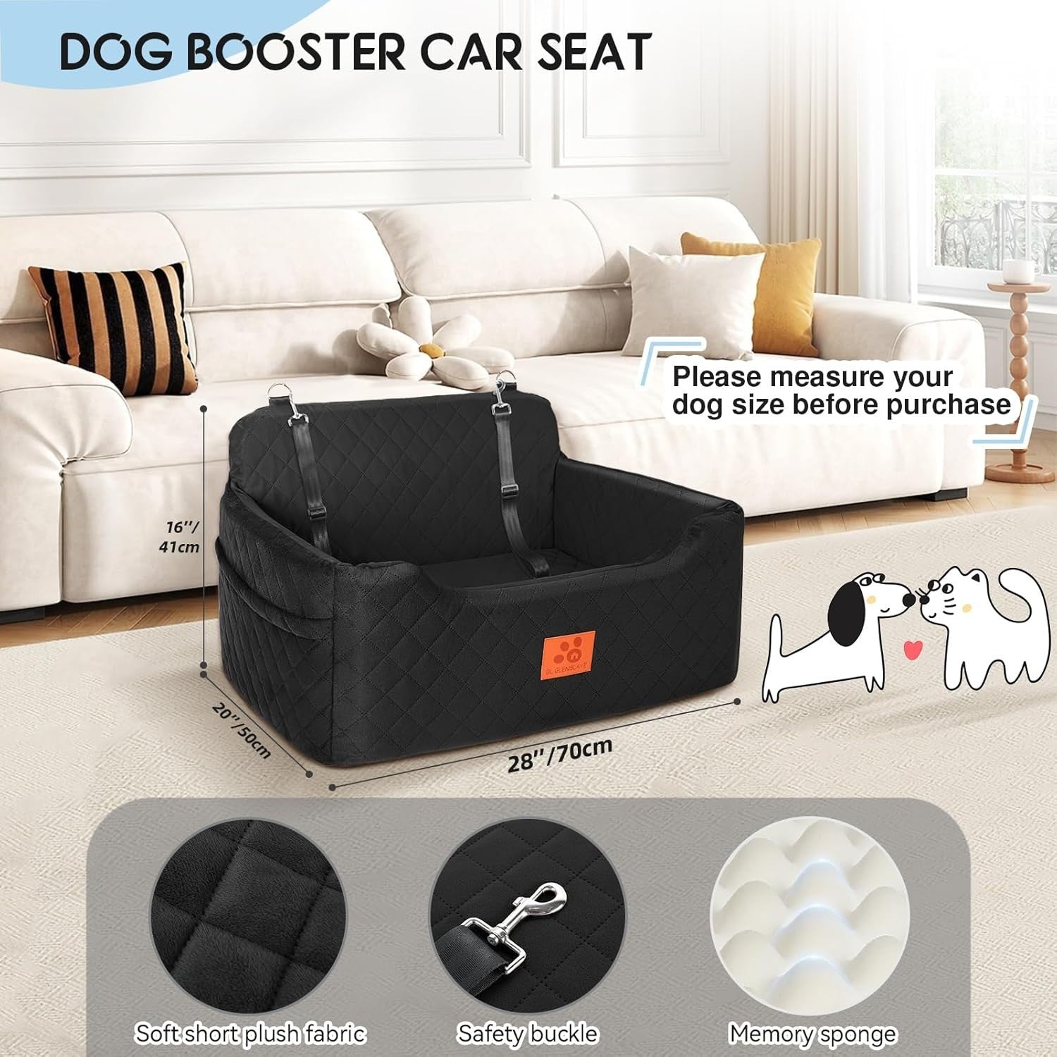 Large Dog Booster Car Seat Memory Foam Travel Bed Washable Black 50lb