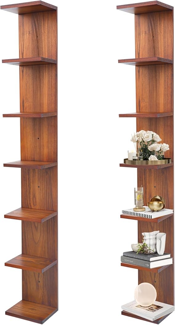 7 Tier Vertical Wall Shelf Slim Wood Display Unit Tall Storage Tower Walnut