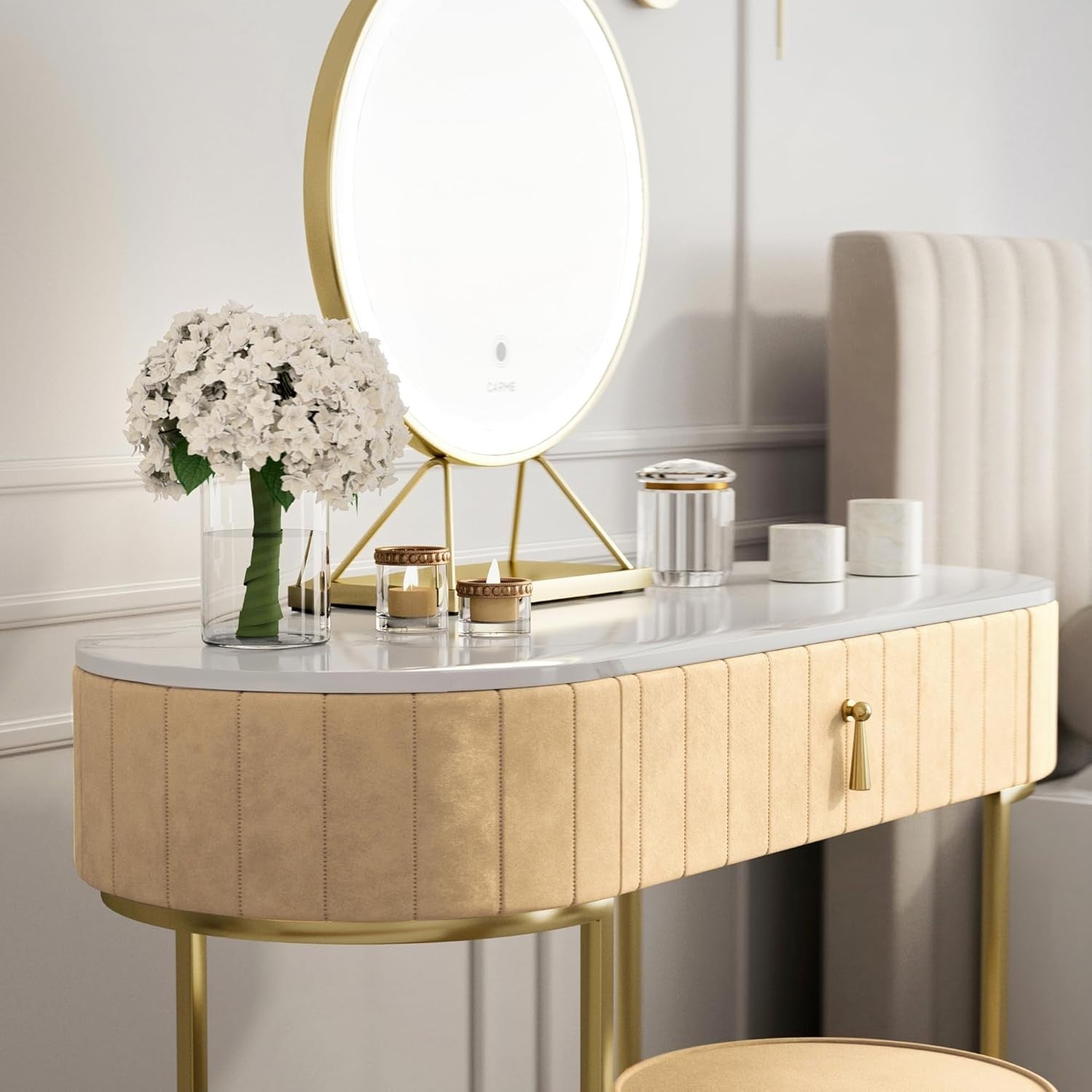 Luxury Cream Dressing Table Vanity Set LED Mirror Stool Gold Marble Effect