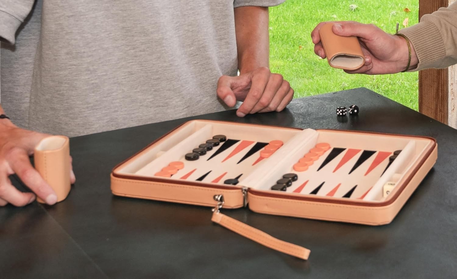 Travel Backgammon Set 9in Deluxe Faux Leather Zip Case Portable Game