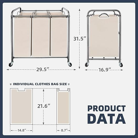 3-Section Rolling Laundry Sorter Cart with Bags & Lockable Wheels Beige 75×43×80