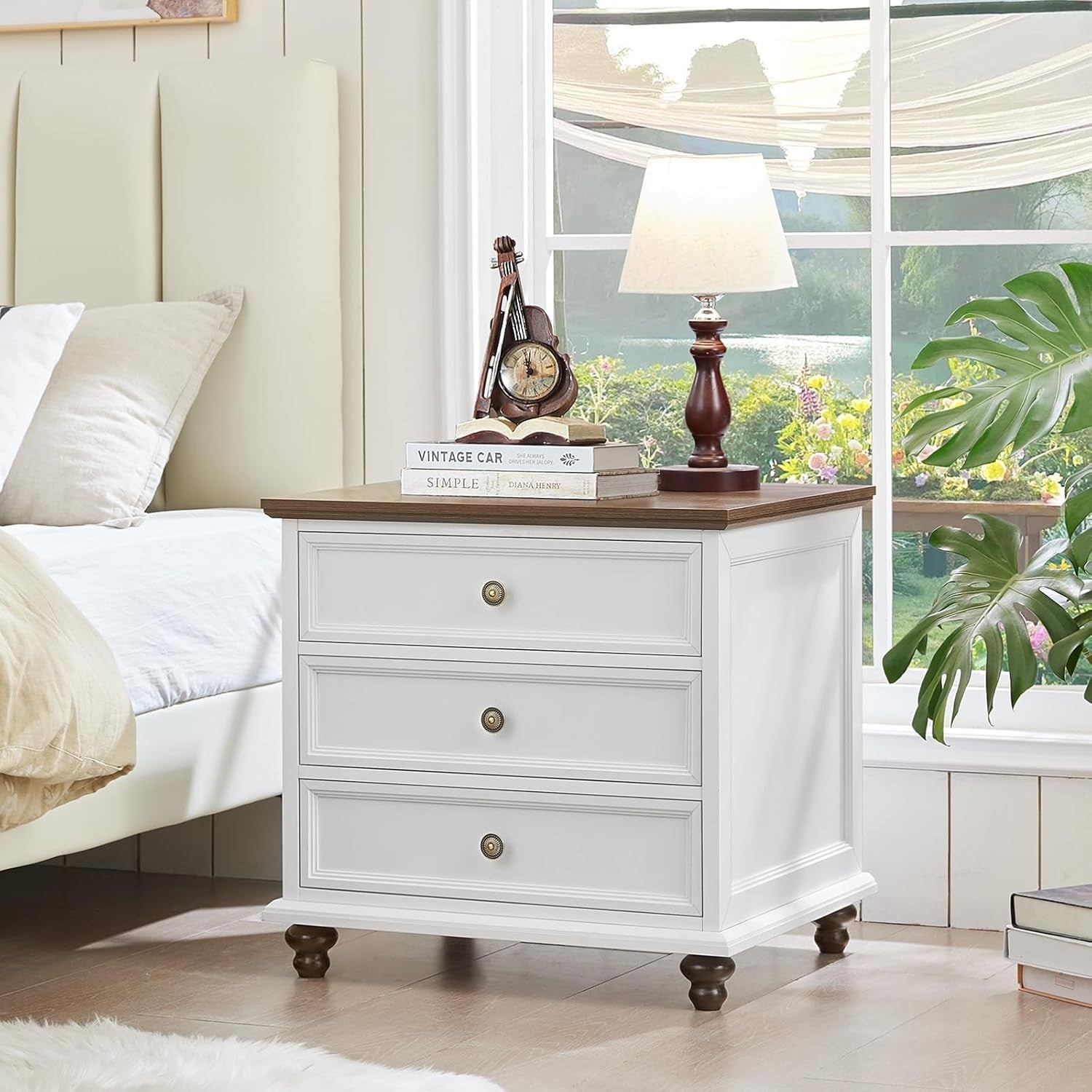 White Wooden Bedside Table with 3 Drawers – Rustic Nightstand
