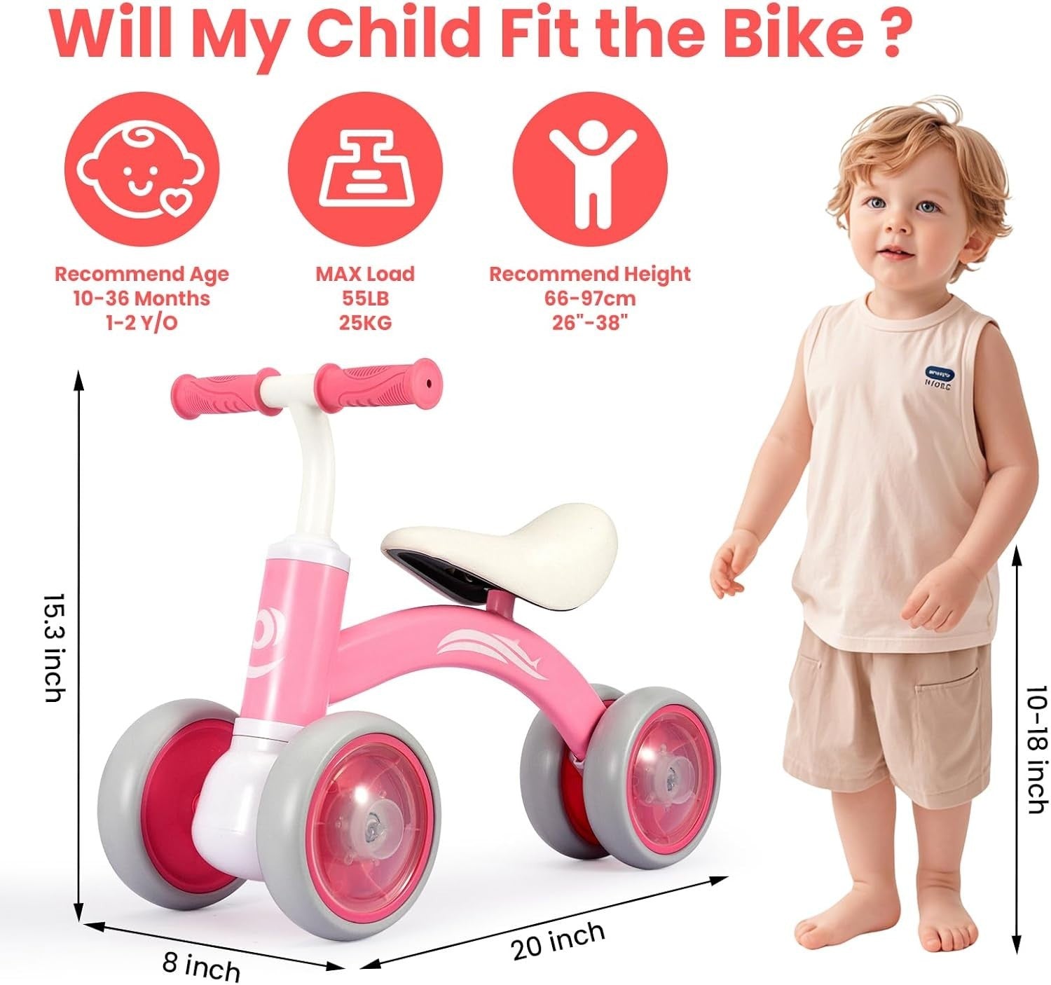 Baby Balance Bike 4 Wheel Toddler Ride On Adjustable Seat Light Up Pink