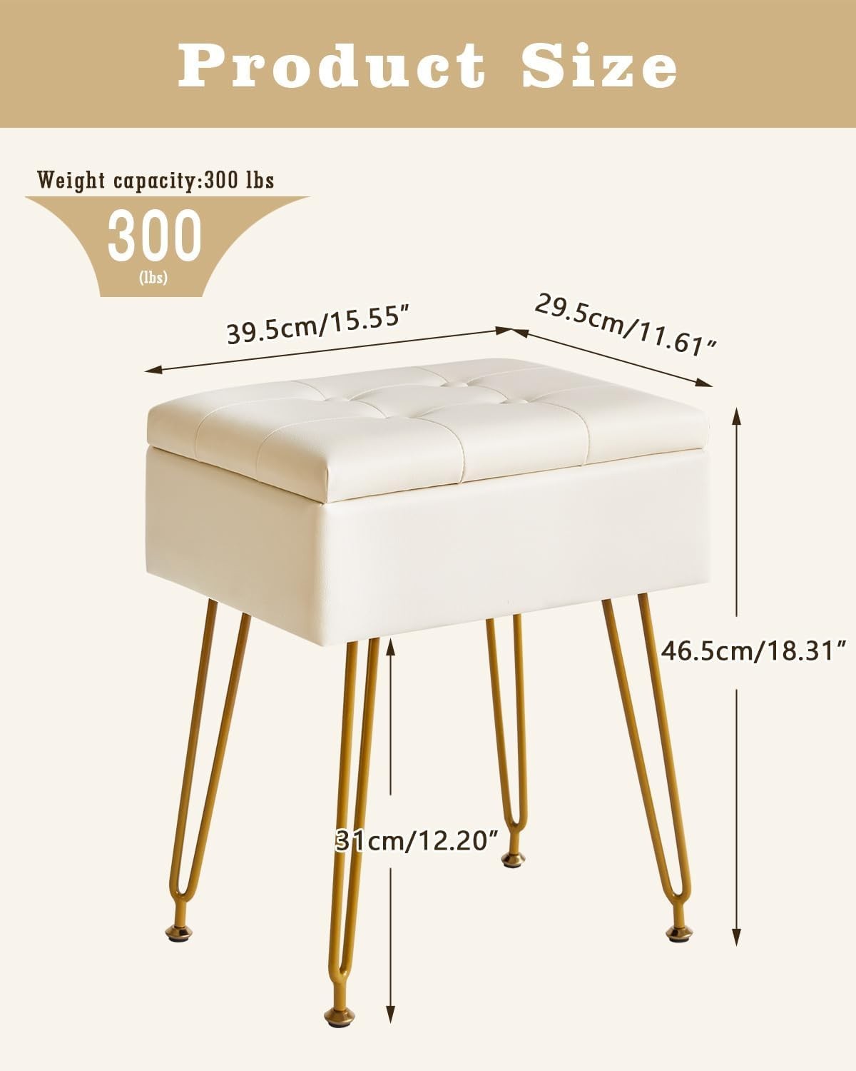 White PU Leather Vanity Stool with Storage & Flip Tabletop – Adjustable Legs