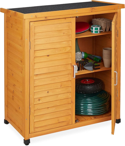 Wooden Outdoor Storage Cabinet with Shelves & Slanted Roof Garden Tool Shed 97cm