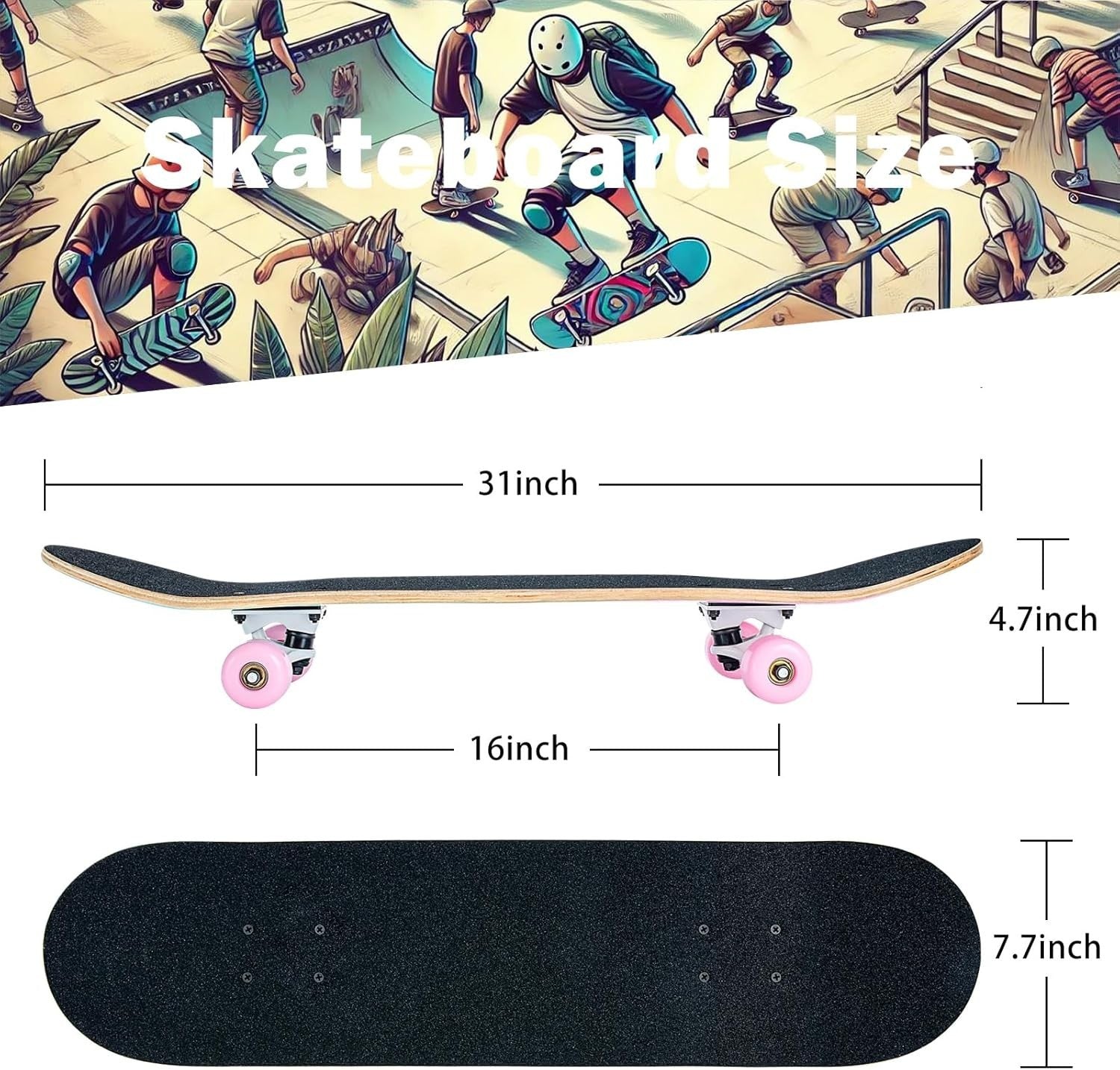 31x8 Maple Skateboard Complete Double Kick Pink Cruiser Beginner Teens