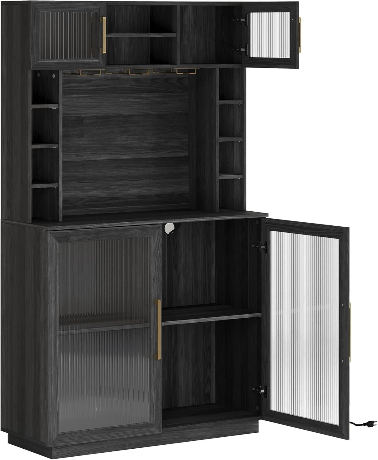 72" Wine Bar Cabinet with Hutch, Power Outlet, Storage Shelves & Glass Rack