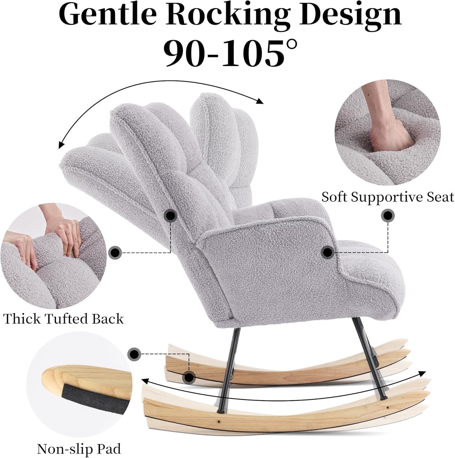 Comfy Nursery Rocking Chair Teddy Fabric Glider for Adults Bedroom