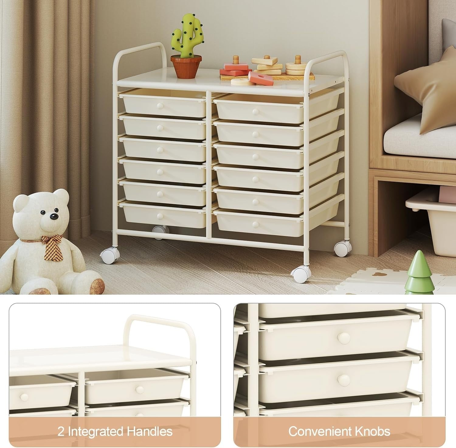 12 Drawer Rolling Storage Cart White Utility Trolley Organizer Wheels