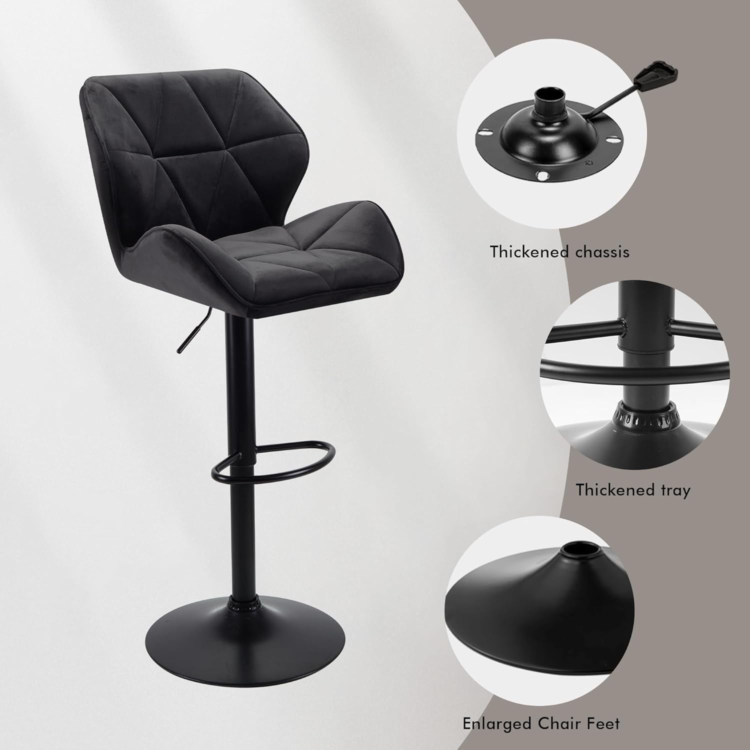 Velvet Black Bar Stools Set of 2 – Adjustable Swivel Kitchen Chairs