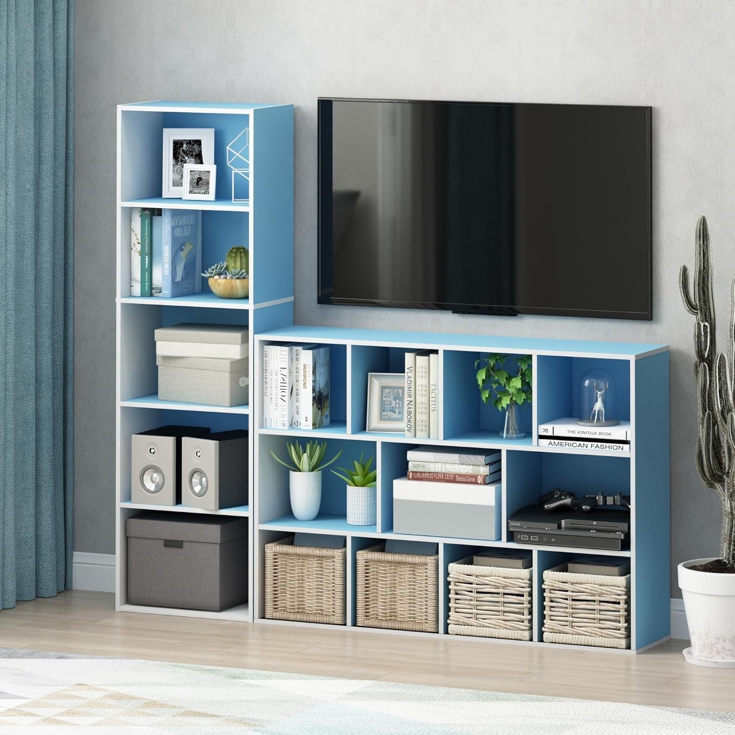 5 Tier Reversible Bookcase Storage Open Shelf Compact Organizer Bookshelf Blue