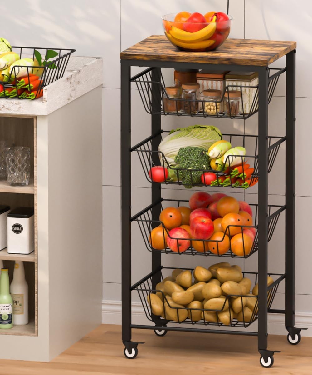 5 Tier Kitchen Storage Cart Pull Out Wire Baskets Fruit Vegetable Trolley