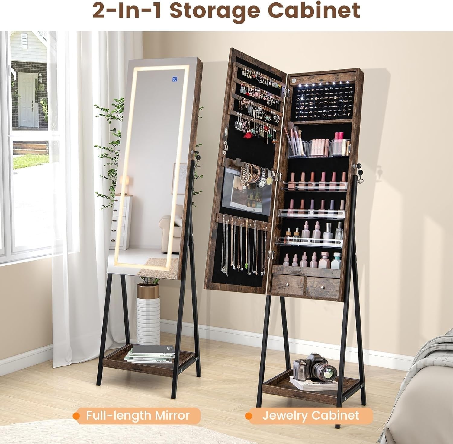 Rustic Brown LED Jewellery Cabinet Lockable Full Length Mirror Storage