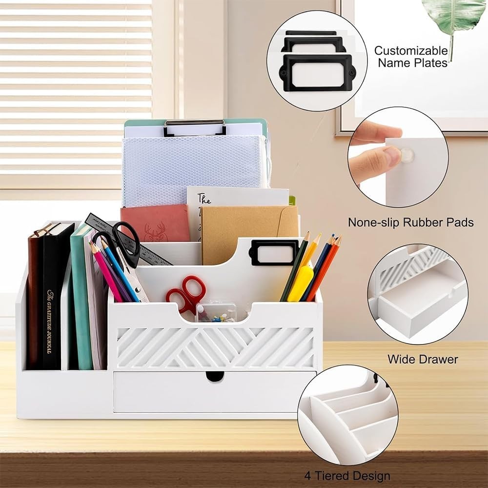 Wooden Desk Organizer Mail Sorter with Drawer | Office & Home Storage