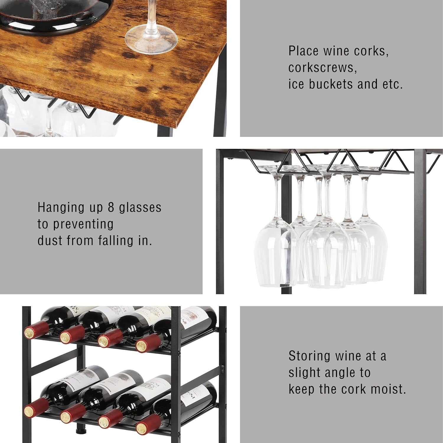 4-Tier Wine Rack with Glass Holder Rustic Bar Storage Shelf Free Standing Unit