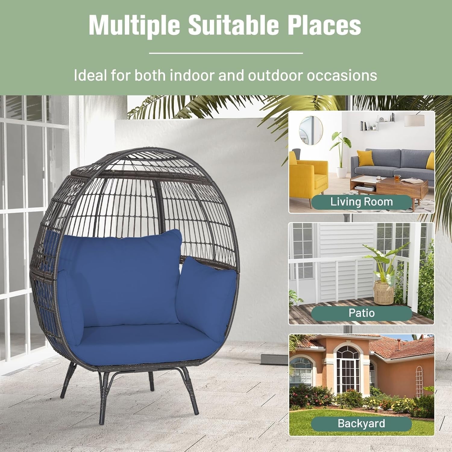 Navy Two Seater Rattan Egg Chair Oversized Cushioned Freestanding Lounger